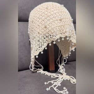 Elegant 2 Crochet Hats with Pearls, cream and dark red 20$ for both